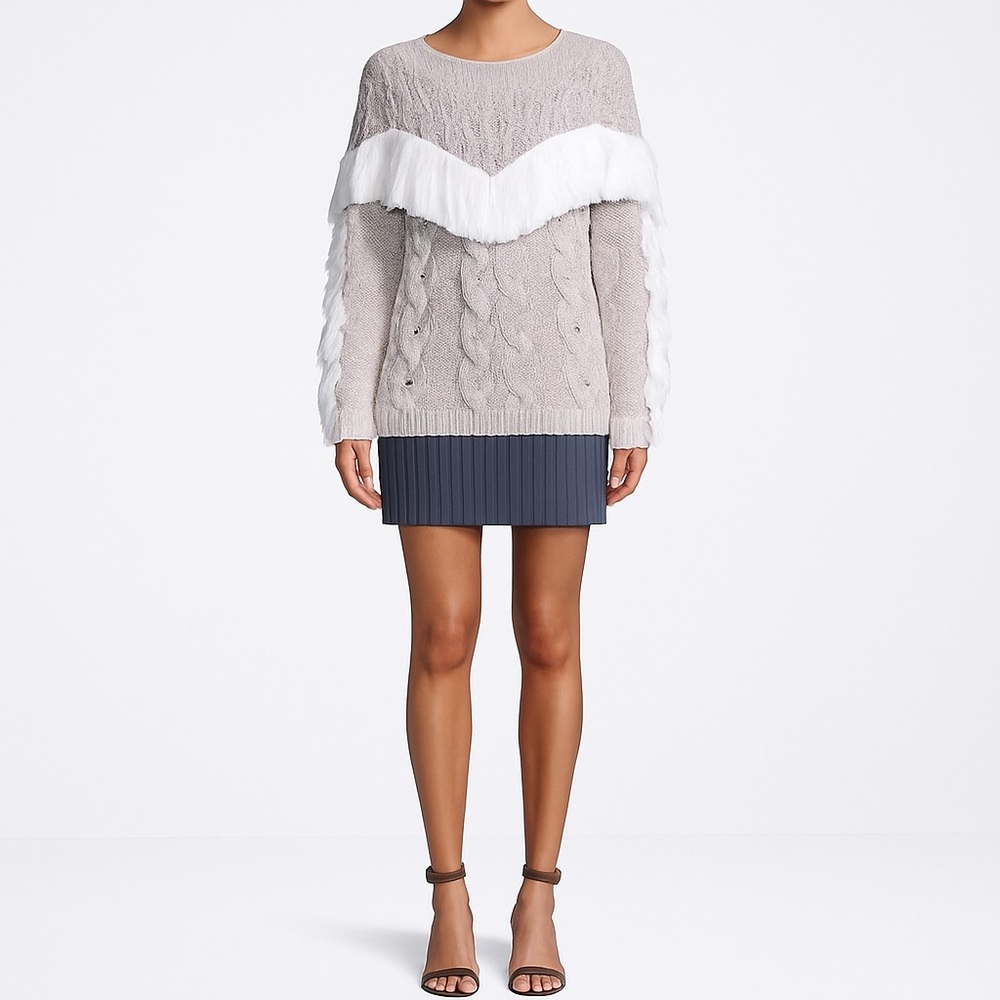 Amur Ulla Fringe Sweater 100% Merino Wool in Oatmeal and Ivory Size XS